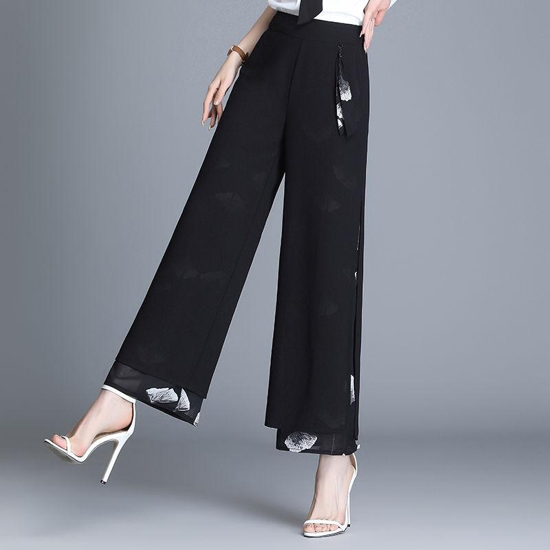 WTEMPO Floral Double Chiffon Women Ankle-Length Pants Skirt-like Wide-leg Pants Loose High Waist Trousers Cool and Breathable