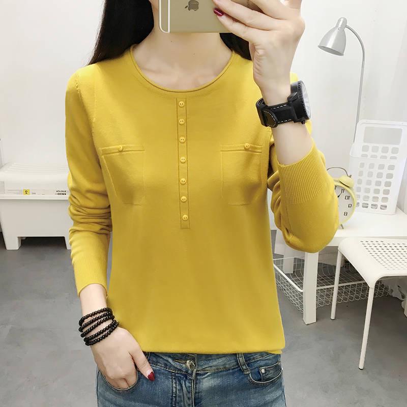 Women Button Low Collar Long Sleeve Pullover Sweater Slim Office Bottom Shirt Sweatshirts