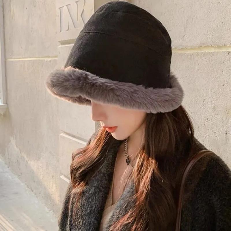 Women's Autumn and Winter Thick Plush Warm Fisherman Hat Cold Proof Windproof Ear Cup Hat Winter Curled Big Head Hat Fluffy Plush Top Cap Basin Hat