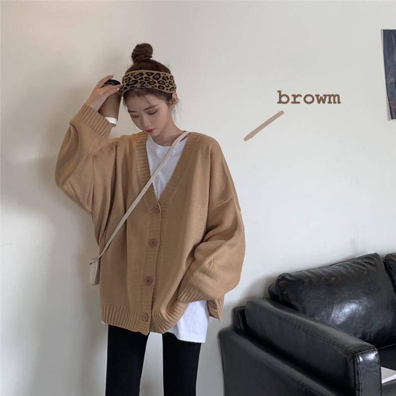 Pofulove Korean Loose V-neck Long-sleeved Sweater Women Retro Knitted Cardigan Jacket Autumn Winter