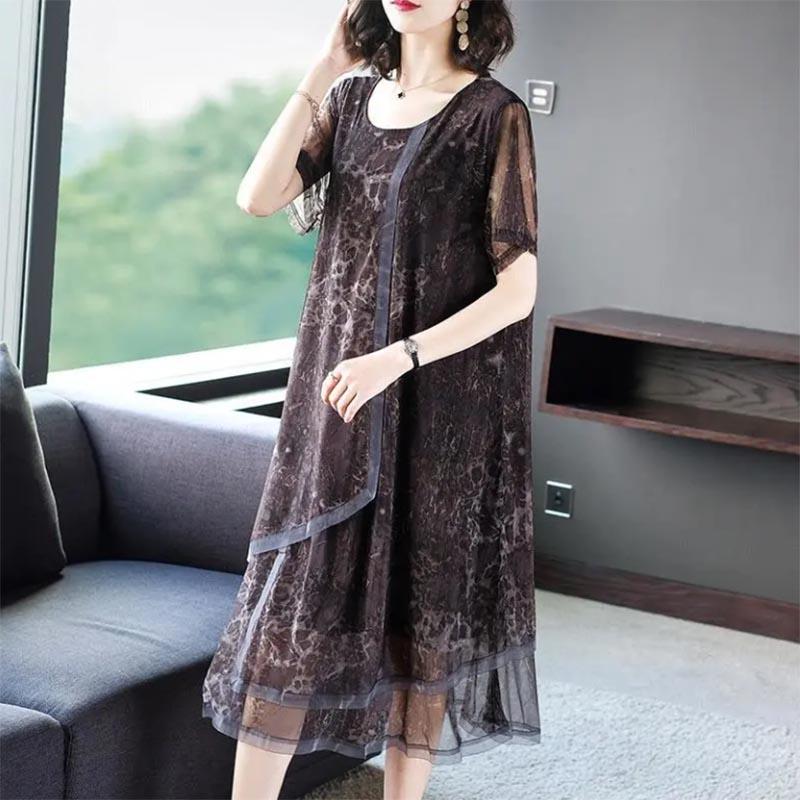 Retro Mesh Stitching Dress Women's Loose Large Size Mid-length Summer Chiffon Skirt