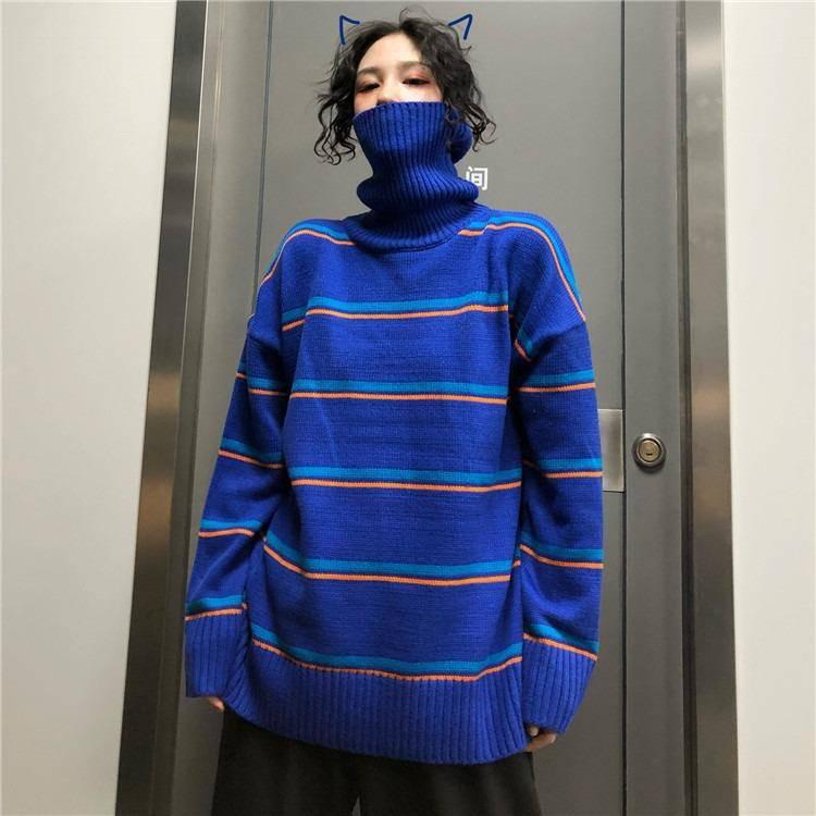 Pofulove Autumn Winter Korean Turtleneck Sweater Women Loose Student Stripes bf Wild ins Sweater