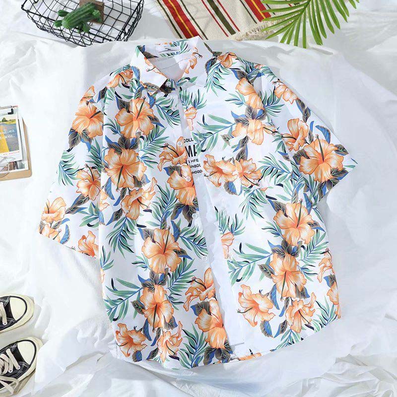 Summer Short-sleeved Shirt Retro Loose Seaside Vacation Hawaiian Flower Shirt Beach Thin Shirt