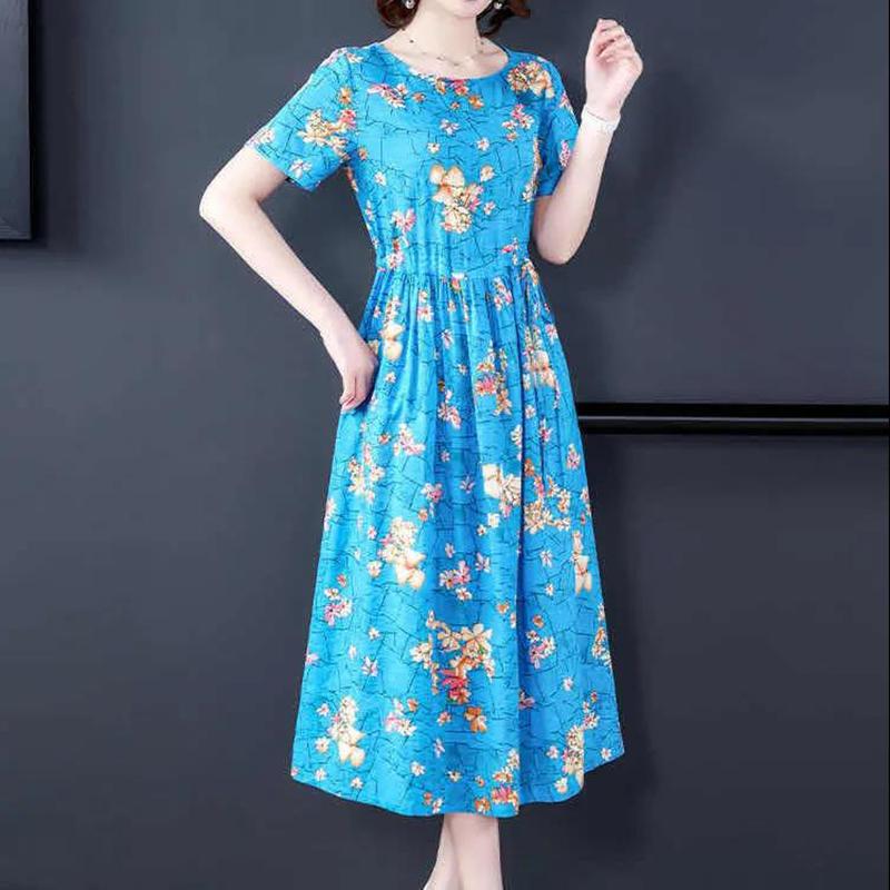 Ice Silk Elegant Printed Short-sleeved Dress Temperament Elasticated Waist Thinner Women's Floral Pattern Dress Light Fabric Comfortable and Soft