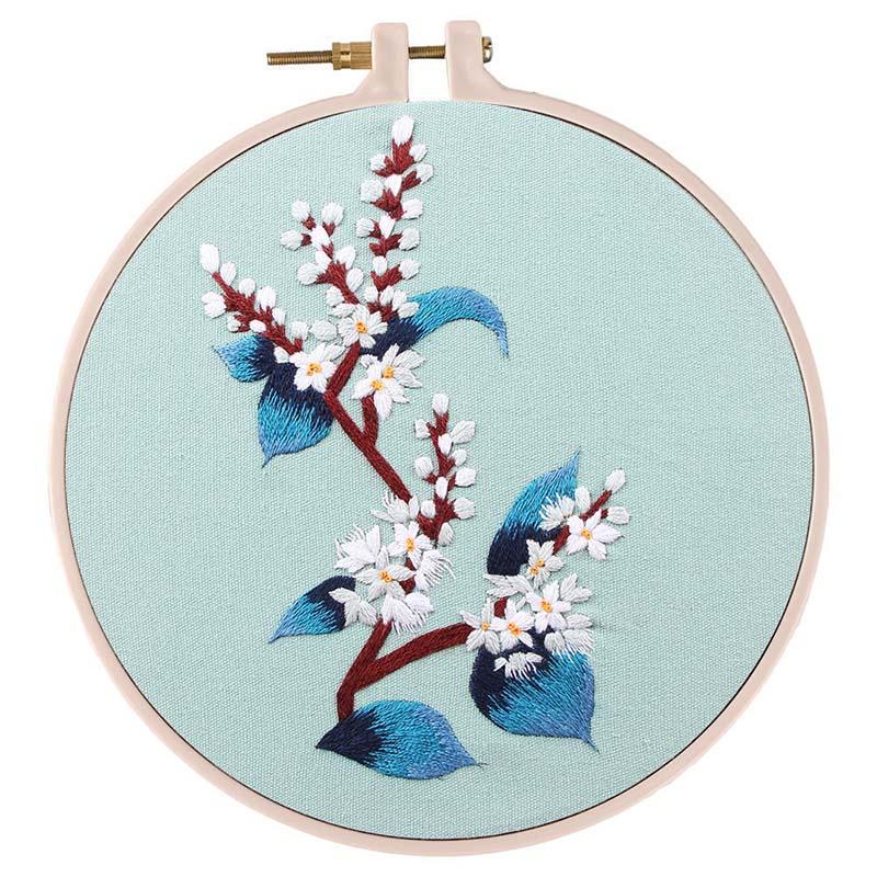 Floral Hand Cross Stitch Embroidery Cloth Starter Kits Needlepoint Color Threads Bamboo Hoop DIY