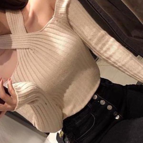 Spring and Autumn Leaky Shoulder Hanging Neck Two Wearing Sweater Knitted Base Shirt Thin Women