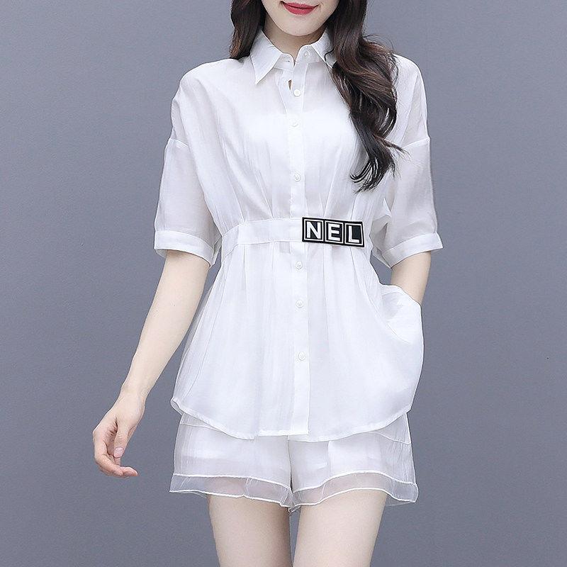 Thin Suit Women Summer Two-piece Shirt Mid-length Women's Wide-leg Pants Shorts Casual Suit Sweet Cute Sexy and Elegant