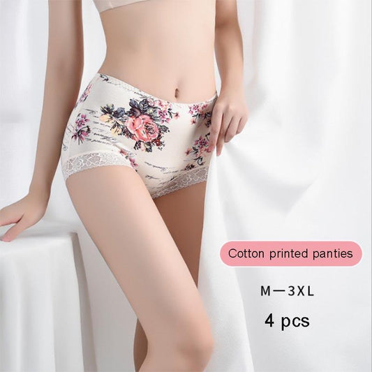 4pcs Ladies Lace Plus Size Panties Seamless Antibacterial Pure Cotton Women's Panties Sexy Printed Boxer Briefs