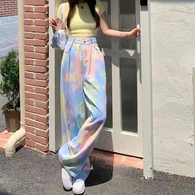 Putting Dash Jeans Female INS High Waist Slim Easing Casual Wild Tape Wide Leg Pants Female Trousers Tide