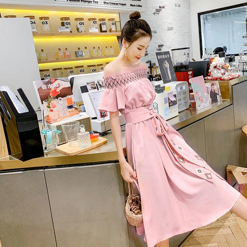 Pofulove Off-the-shoulder Dress Summer Party Dress Retro Chiffon Skirt Long A-line Dress with Belt