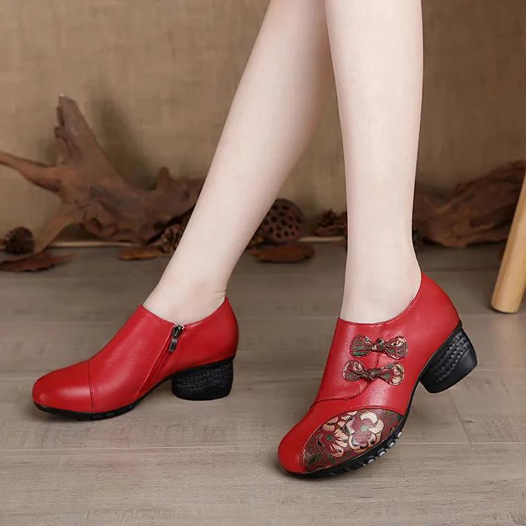 Single Shoes Women 2021 All-match Thick Heel Spring and Autumn Shoes Deep Soft Leather Middle-aged and Elderly Women's Shoes