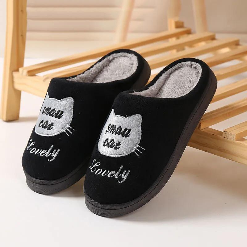 Women Slippers Pink Cute Cat Thick Fleece Warm Home Indoor Couples Plus Size Cotton Shoes Men Blue Slippers Non Slip