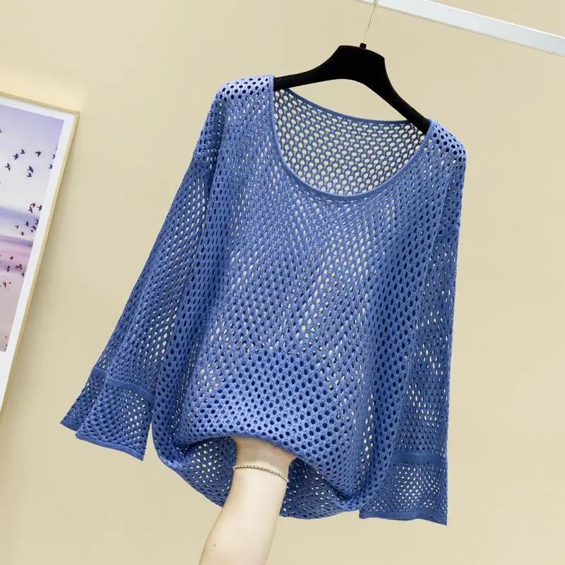 Summer Ice Silk Knitted Sunscreen Blouse Trumpet Net Shirt Top Hole Thin Women's Loose Hollow See-through Fabric Light and Breathable