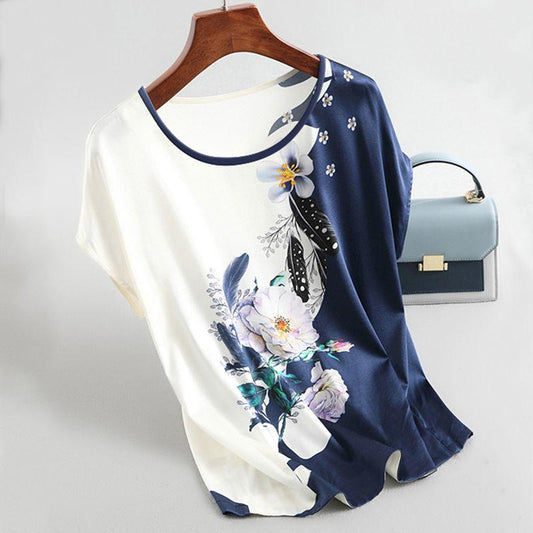 Ice Silk T-shirt Women's Summer Middle-aged and Elderly Mother's Dress Western Style Plus Size Printing Short-sleeved Loose Top