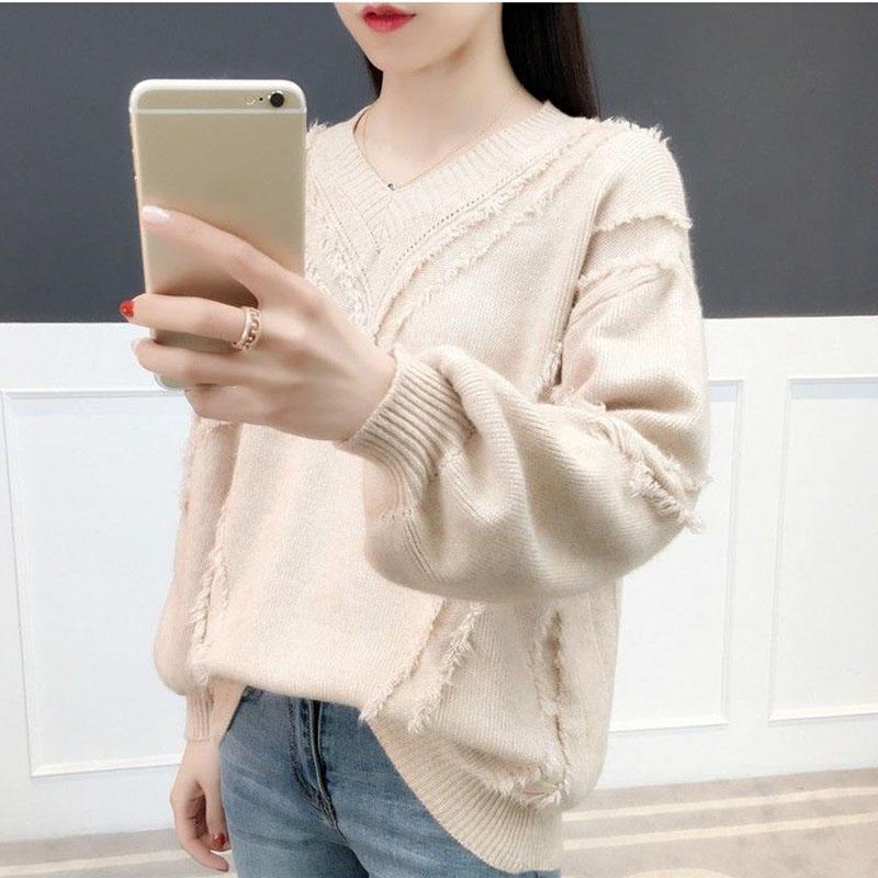 Spring and Autumn V-neck Sweater Pullover Solid Color Long-sleeved Casual Jacket Loose Young Women's Bottoming Shirt