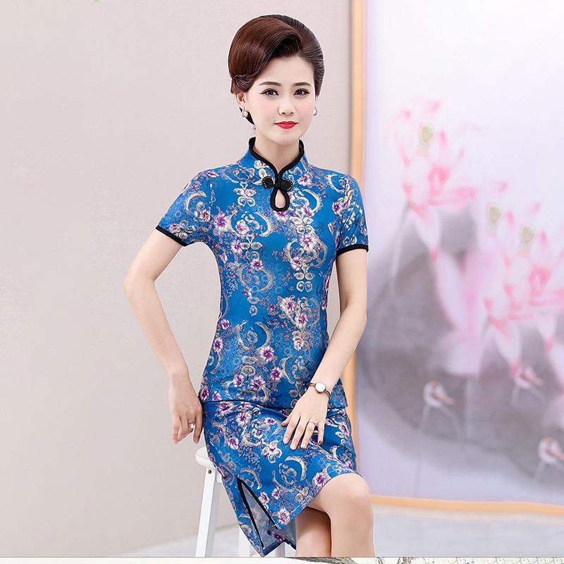 Summer Improved Cheongsam Female Mother Dress Retro Short-sleeved Dress Mid-length Middle-aged and Elderly Printed Cheongsam Dress