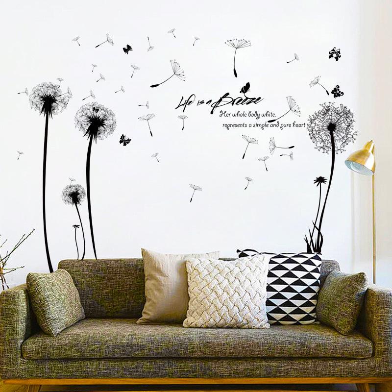 Black dandelion romantic wall stickers Living room sofa bedroom wall removable waterproof stickers