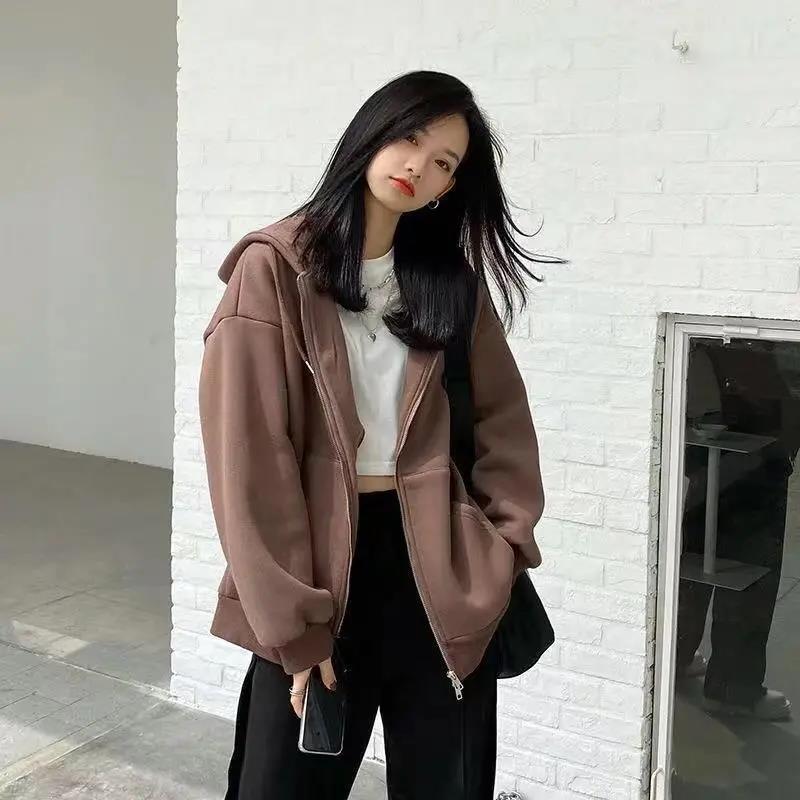 Brown Zip Up Sweatshirt Jacket Clothes Oversize Hoodies Women Plus Size Vintage Pockets Long Sleeve Pullovers