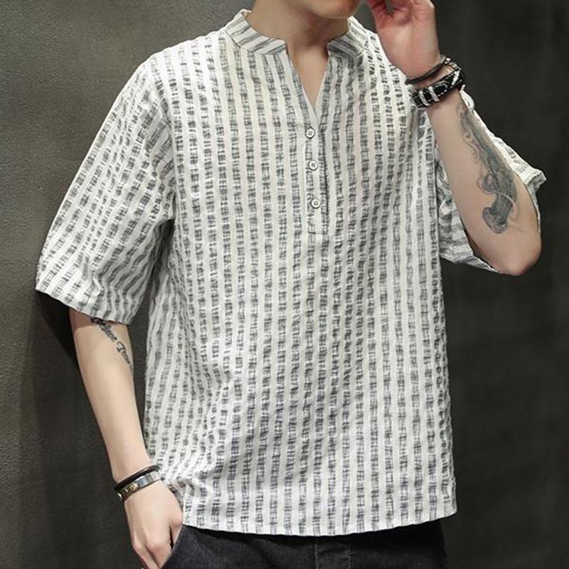 Striped Short-sleeved Men's Chinese Style Linen T-shirt Summer Korean Trend Cotton and Linen Half-sleeved Fashion All-match Loose T-shirt