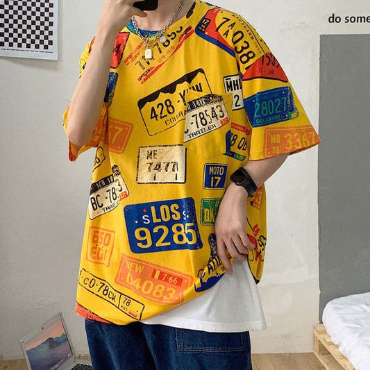 Summer T-shirt Loose Casual Boys Plus Size Short-sleeved Students Japanese Trend Graffiti Half-sleeved Top