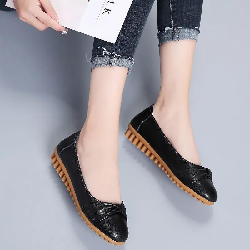 Leather Flat Beanie Shoes Women Shallow Mouth Single Shoes Non-slip Pregnant Women Shoes Mother Shoes Work Women's Shoes Casual Shoes