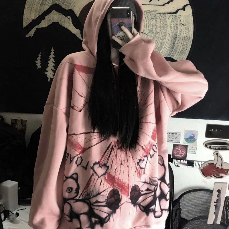 Gothic Punk Hoodies Women Y2K Pullover Sweatshirts Oversized Streetwear Hip Hop Harajuku Hooded Tops White Pink Graffiti Loose Casual Hoodies