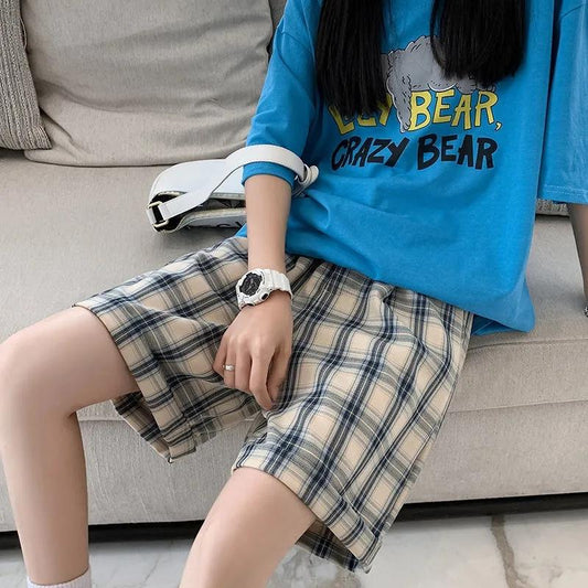 Women's Summer Loose Casual Shorts Ins Plaid All-match Student Sports Short Pants Wide-legged Thin Five-point Pants