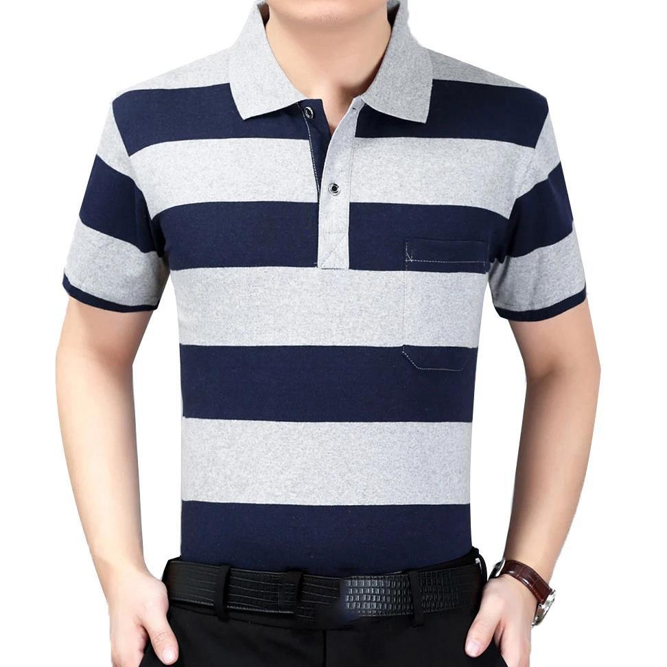 Summer Middle-aged Men's Short-sleeved T-shirt Lapel Dad Wear Summer Loose and Thin Half-sleeved Men's Striped    Shirt