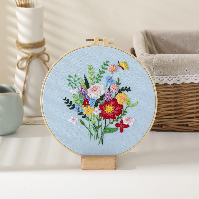 Floral Hand Cross Stitch Embroidery Cloth Starter Kits Needlepoint Color Threads Bamboo Hoop DIY