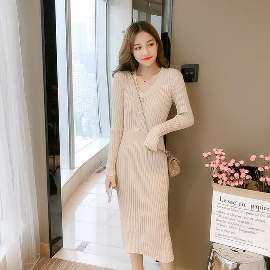 Elegant Knitted Dresses Women Skinny Sweater Split Dress Ribbed Ladies with Belt