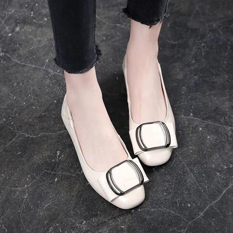 Genuine Leather Shoes Ladies Spring and Autumn Flat Thick Heel Shallow Mouth Mid-heel Casual All-match Low-heeled Leather Shoes