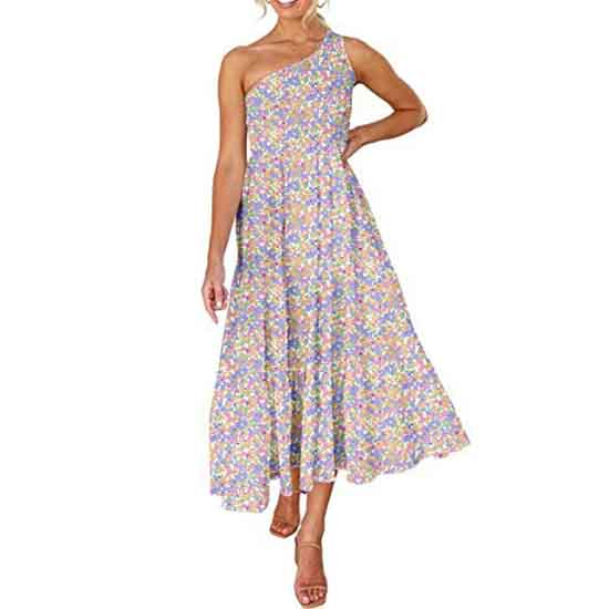 Dress Women Summer Print Boho One Shoulder Sleeveless Dress