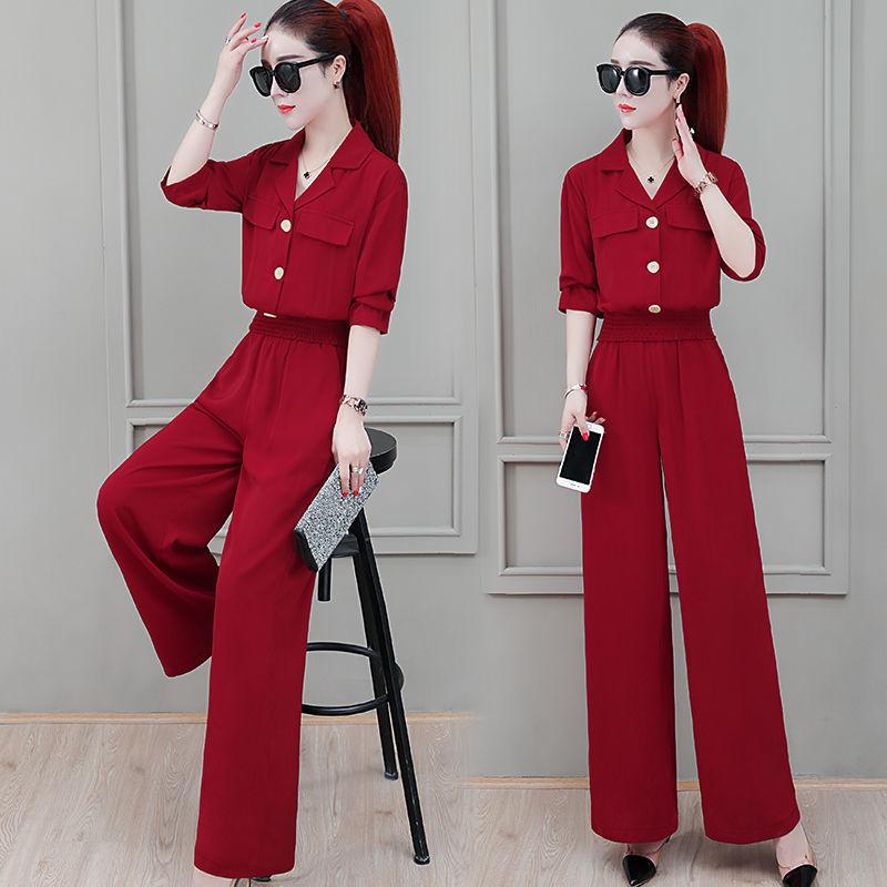 Two-piece Wide-leg Pants High-waisted Chiffon Suit Shirt High-waisted Wide-leg Pants Large Size Loose and Thin Chiffon Fabric Light and Breathable