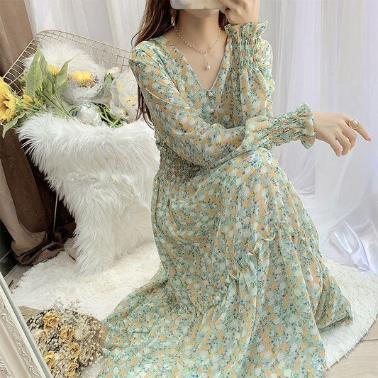 Women Spring Summer Vintage Floral Print Chiffon Long Holiday Dress Elegant Slim Long Sleeve Fairy Large Hem Dress