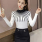 Autumn and Winter Half High Neck Striped Bottoming Shirt Slim Pullover Knit Top Sexy Long Sleeve Women's Sweater