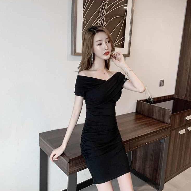 Female Summer Simple and Elegant One Line Shoulder Vintage Dress Slim Tight Graceful Party Club Dress