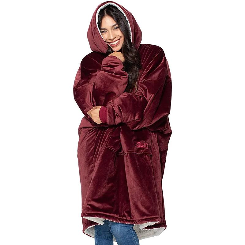 Autumn Winter Comfortable Thickening Warm Home Clothing TV Blanket Couples Solid Color Hooded Large One Size Sweater Homewear