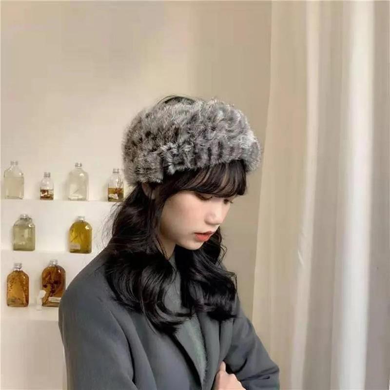 Women's Retro Fur Rabbit Hair Blend Plush Fur Hairband Empty Top Hat Warm Wide-brimmed Fur Hairband Top Cap Outer Wear All Match Hats