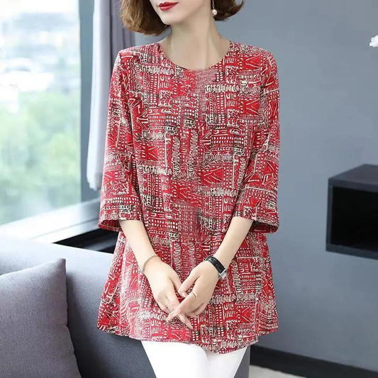 Women Bohemian Printed Shirt Summer Half Long Skirt Casual Loose Thin T-shirt Retro Style Top for Mom