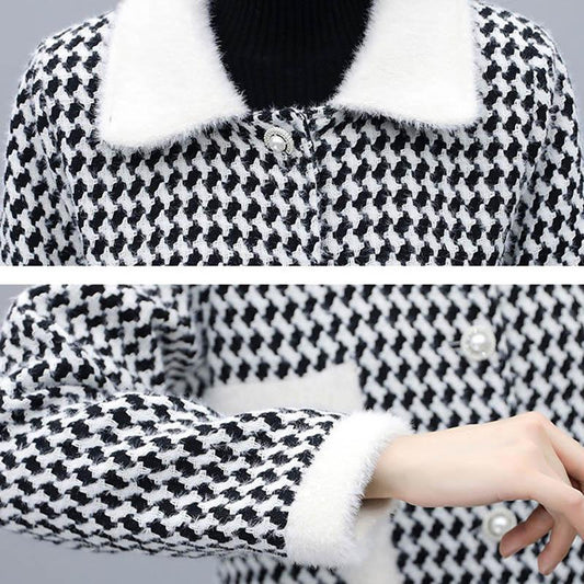 Women's Woolen Coat Mid-length Windbreaker Autumn and Winter Large Size Slim and Thin Western Style Houndstooth Coat Women