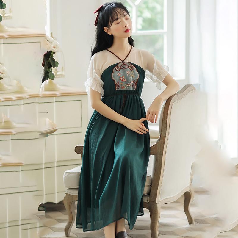 Summer Daily Improved Version of Hanfu Dress Female Embroidery Han Elements Literary Retro Mid-length Skirt Fairy