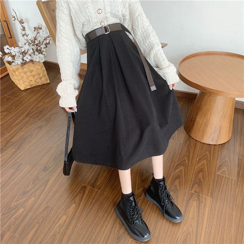 Skirts Womens Black A-line Skirt Spring Summer High Waist Pleated Skirt Female Solid Color Mid-length Skirt with Sashes