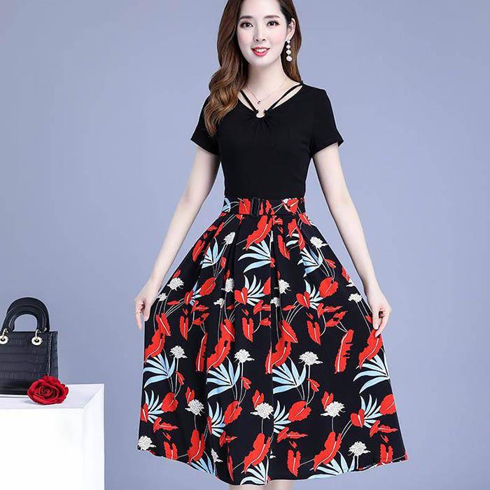 Pofulove M-3XL Women Plus Size V-neck Print Dress Slim Short Sleeve Dress A-line Dresses Below Knee