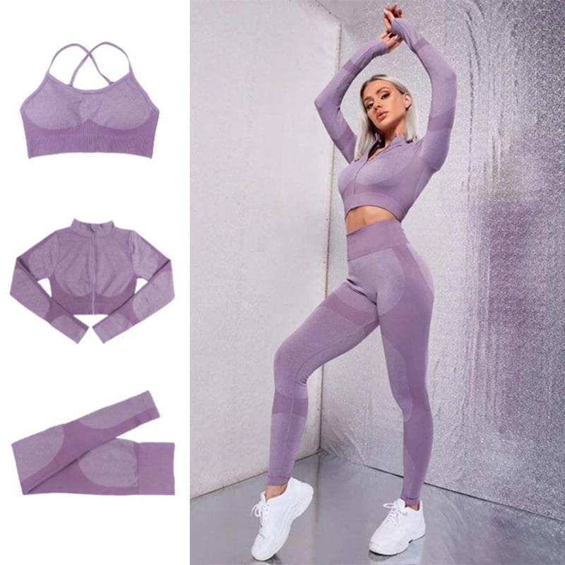 3PCS Women's Long Sleeve Yoga Clothing Set Seamless Knit Butt Lifting Pants Gym Fitness Bodybuilding Set Tracksuit Active Wear Sports Elastic Outwear