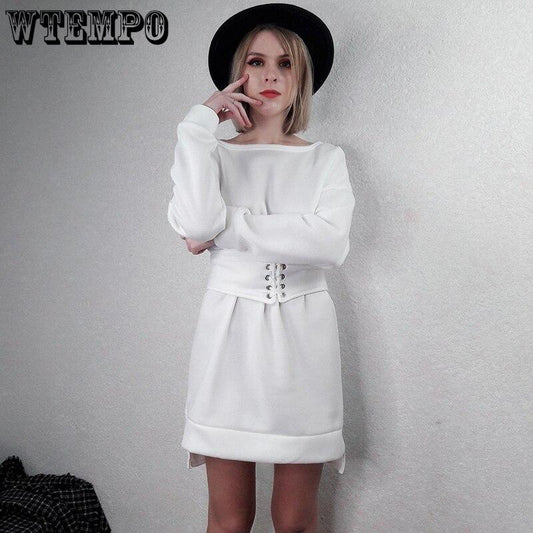 Dress for Women Oversized Sweatshirt Sexy Mini Dresses Bandage Wide Belt Streetwear