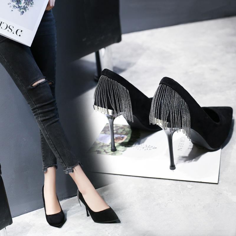 Pointed High Heels Female Spring and Summer Stiletto French Girl Sexy Black High Heels with Fringed Fringe