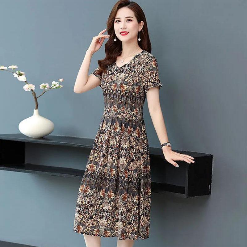 Short-sleeved Dress Retro Floral Women's Mid-length Cover The Belly To Show Thin Temperament Lady's Skirt