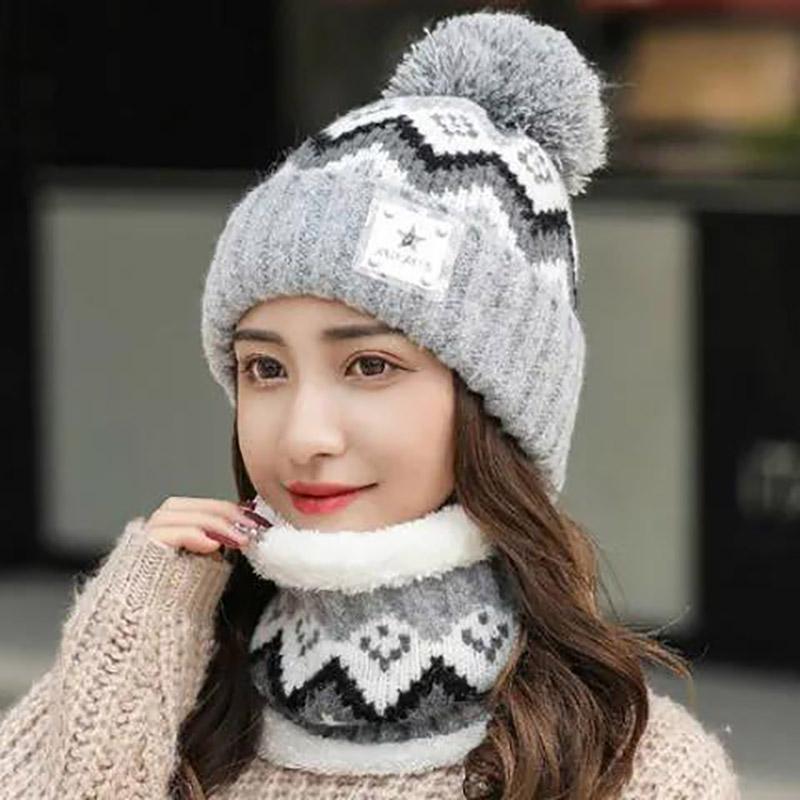 Winter Hat Bib Suit Plus Velvet Thick Warm Knitted Wool Hat Outdoor Windproof Mask Bib One for Women