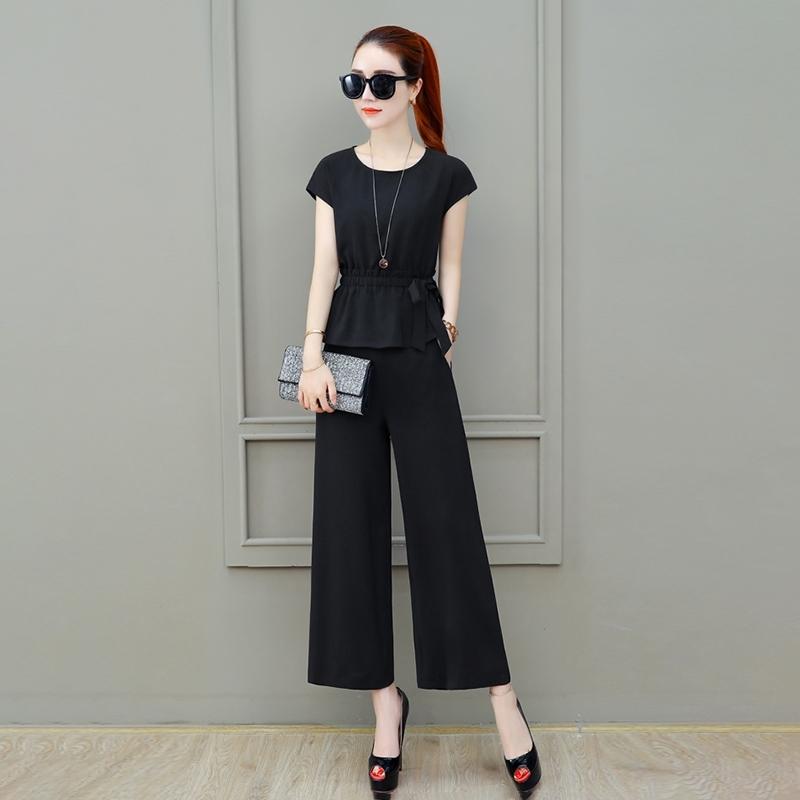 Wide-leg Pants Suit Summer Cover Belly Drape Women's Two-piece Straight Pants Round Neck Short-sleeved Shirt Waist Slimming Plus Size Clothing