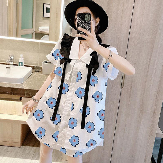 Women Summer Large Size Elegant Holiday Shirt Dress Floral Printed Slim Vintage Gentle Short Vacation Dress